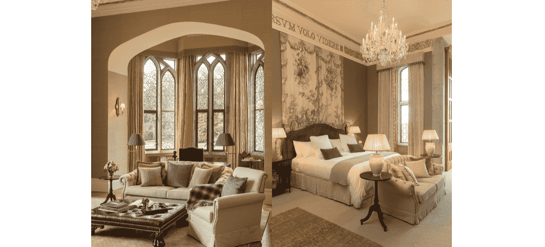 Adare Manor bedroom suite, complete with living area. Designed by Kim Partridge. Photo by Jack Hardy